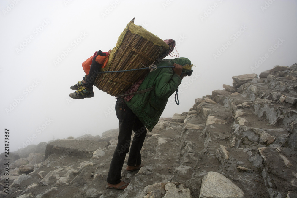 UTTARAKHAND, INDIA, June 2018, Porter carries a young boy up to the