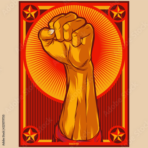 Clenched Fist Propaganda Poster Illustration. Protest fist. Raised fist revolution design elements.