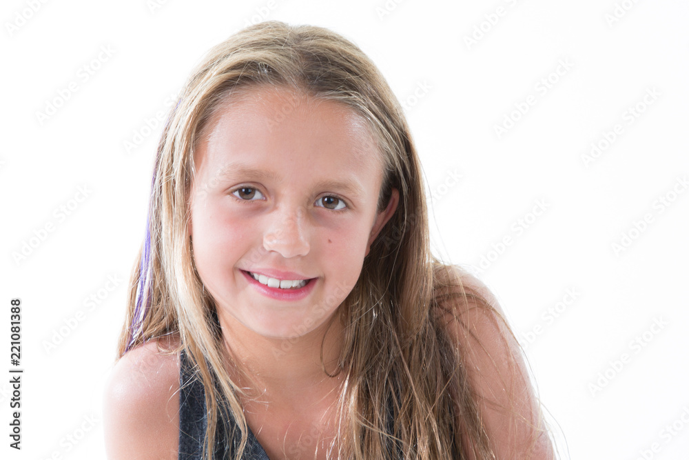 Portrait of cheerful smiling little cute little girl on white background isolated