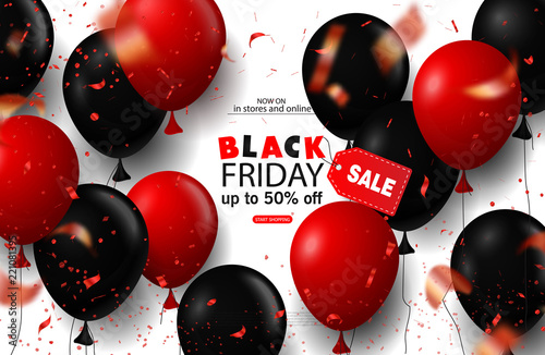 Black friday sale background with balloons and serpentine. Modern design.Universal vector background for poster, banners, flyers, card.