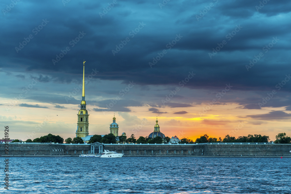 Peter and Paul Fortress in St. Petersburg at sunset