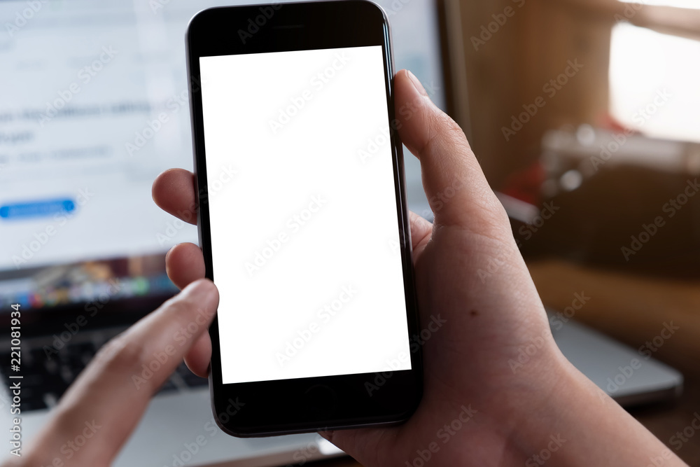 woman using Smartphone. Blank screen mobile phone for graphic display montage.networking service.