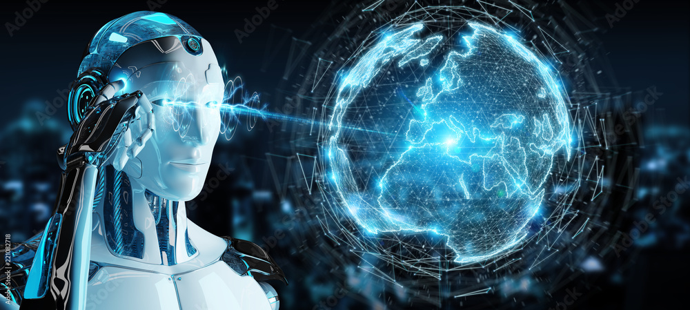 White humanoid using globe network hologram with Europe map 3D rendering White humanoid using globe network hologram with Europe map 3D rendering