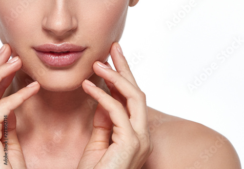 Lips nose neck woman closeup with hand chin