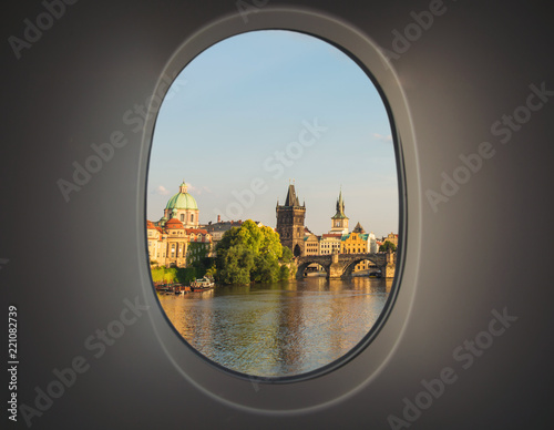 Prague as seen through window of an aircraft.