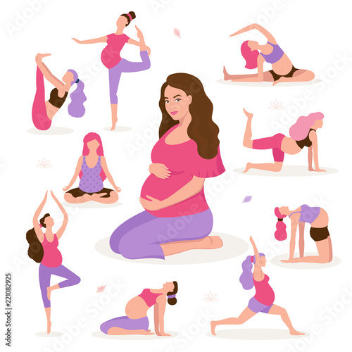 Foto Pretty pregnant woman doing yoga, having healthy lifestyle and relaxation, exercises for pregnant women vector flat illustration