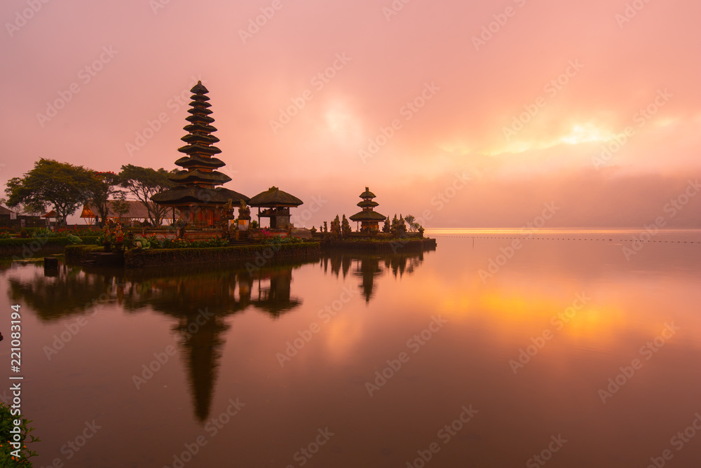 Pura Ulun Danu Bratan Hindu temple at Bratan lake in morning sunrise with reflection.Famous place tourist attraction in Bali, Indonesia Pura Ulun Danu Bratan Hindu temple at Bratan lake in morning sunrise with reflection.Famous place tourist attraction in Bali, Indonesia