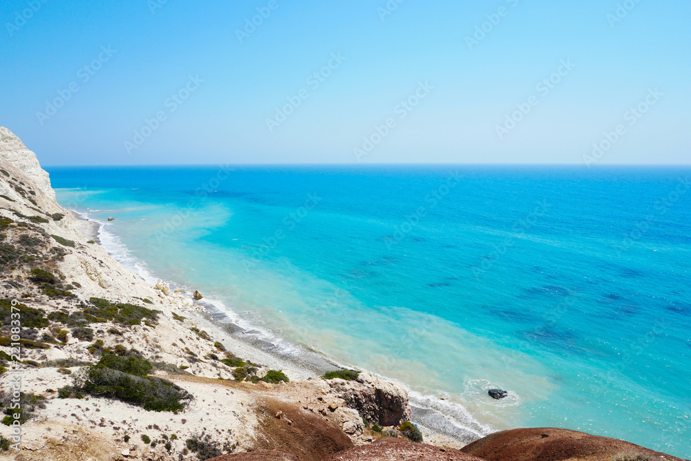 Beautiful scenery with bright blue clear sky and azure sea in sunny summer day in Cyprus