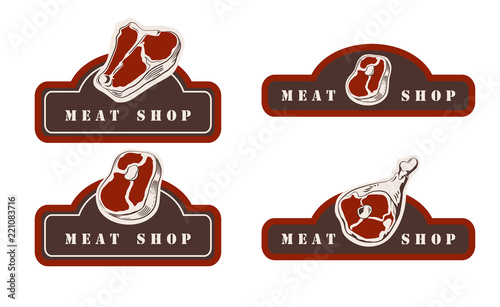 Design template of butchery signboard. Meat shop logo. Butcher market logotype. Vector illustration.