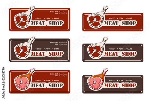Design template of butchery signboard. Meat shop logo. Butcher market logotype. Vector illustration.