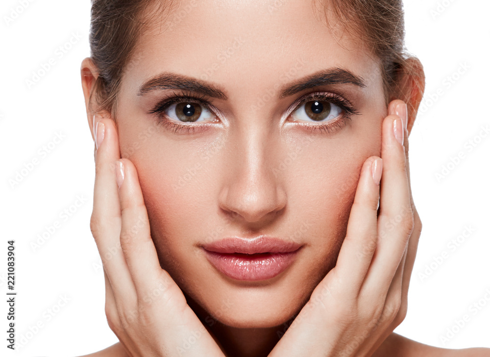 Healthy pure skin woman face closeup isolated on white