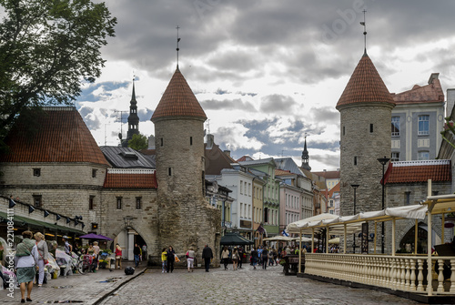 View of the Viru Gate and the medieval towers of the Old Town of Tallinn, Estonia