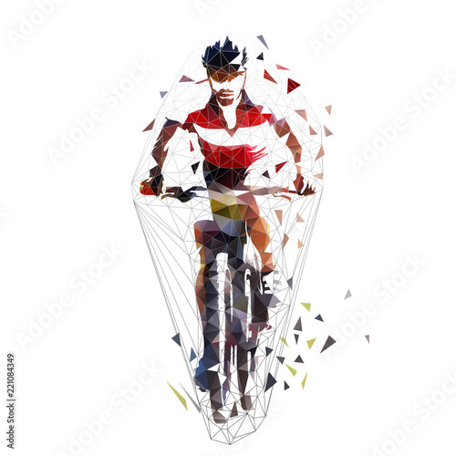 Mountain cycling, low polygonal  mtb biker, isolated geometric vector illustration. Front view