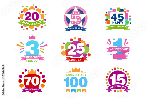 Colorful anniversary birthdays festive signs set, ubilee elements collection vector Illustrations