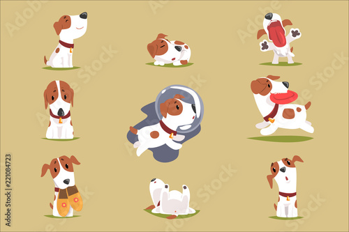 Cute little puppy in his evereday activity set, dogs daily routine funny colorful character