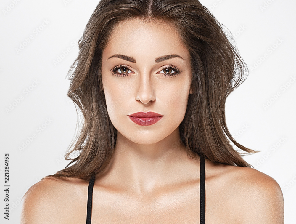 Beautiful Woman Skin Tanned Red Lips Healthy Beauty Skin Smile. Spa Beautiful Model Girl Cute Face over color background. Beautiful Woman Skin Tanned Red Lips Healthy Beauty Skin Smile. Spa Beautiful Model Girl Cute Face over color background.
