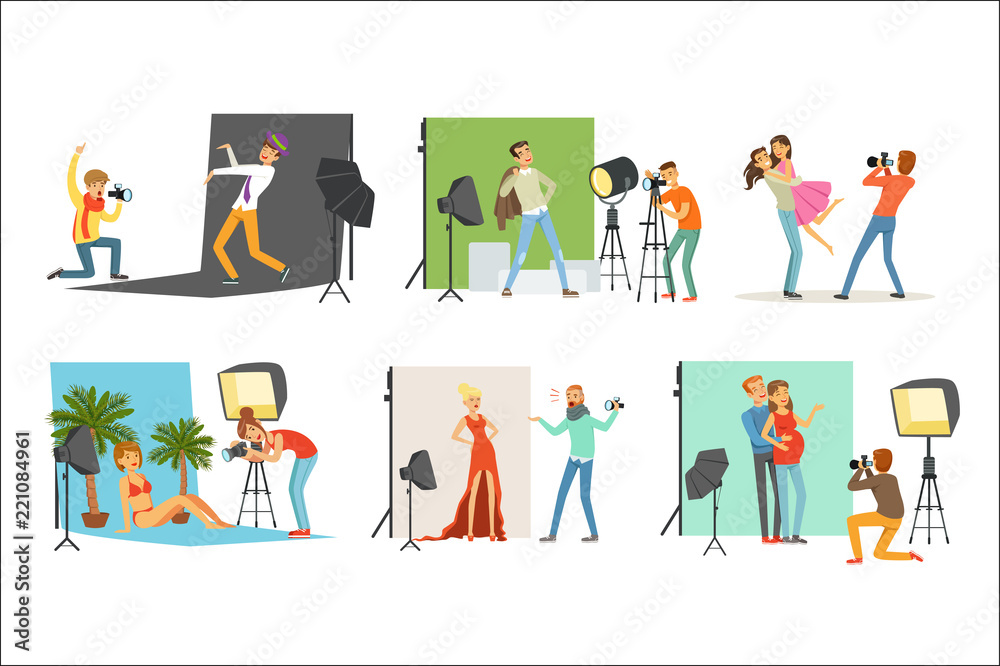 Photo studio set, photographers taking pictures of different people with professional photographic equipment vector Illustrations