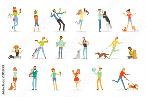 Happy people having fun with pets, man, women and kids training and playing with their pets vector Illustrations