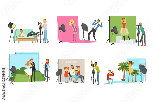 Photographers taking pictures of different people in photo studio with professional photographic equipment vector Illustrations