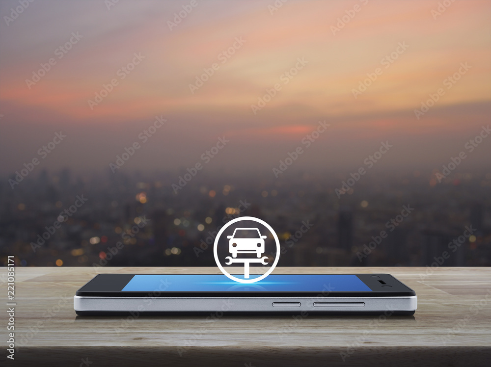 Service fix car with wrench tool flat icon on modern smart mobile phone screen on wooden table over blur of cityscape on warm light sundown, Business repair car online concept