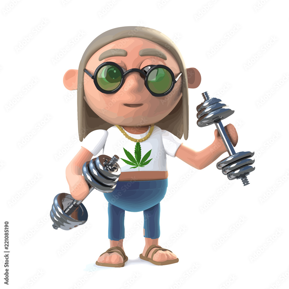 Vector 3d Funny cartoon hippy stoner character working out with gym weights  Stock Vector | Adobe Stock