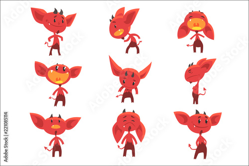 Cartoon funny red devil characters with different emotions set of vector Illustrations