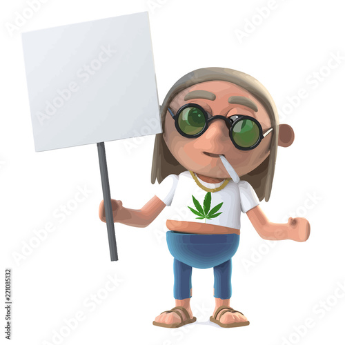 Vector 3d Hippie stoner is protesting with a blank placard