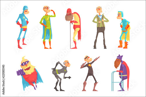 Funny elderly superman cartoon characters in action set of vector Illustrations