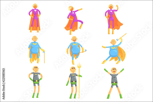 Funny elderly men in superman costume, old superhero in action cartoon characters set of vector Illustrations