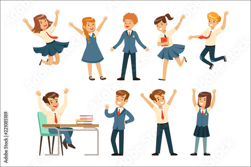 Cute pupils in blue school uniform having fun at school set, back to school, education concept colorful vector Illustrations