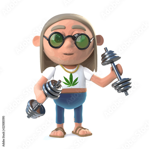 Vector 3d Funny cartoon hippy stoner character working out with gym weights