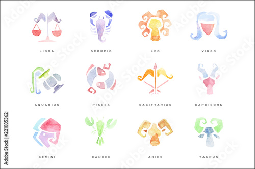 Zodiac Signs set of hand drawn watercolor vector Illustrations