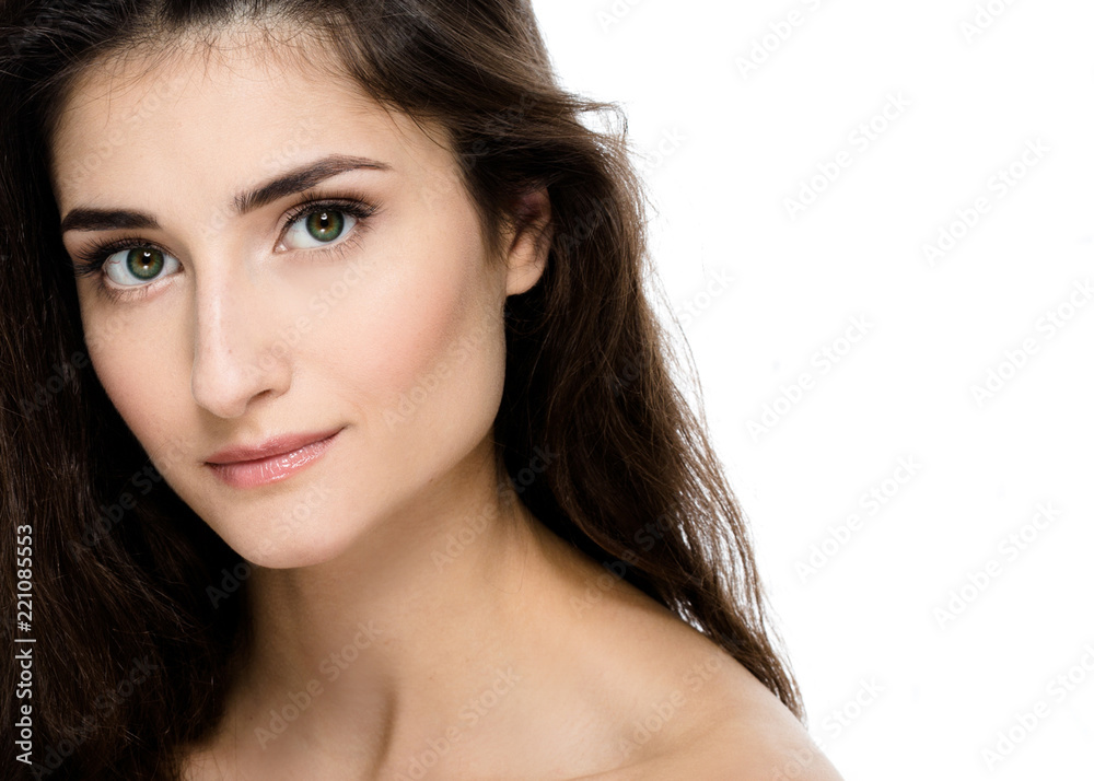 Brunette beauty healthy skin and hair isolated on white Brunette beauty healthy skin and hair isolated on white
