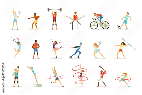 Athletic people doing various kinds of sports, people in gym, sports equipment colorful vector Illustrations