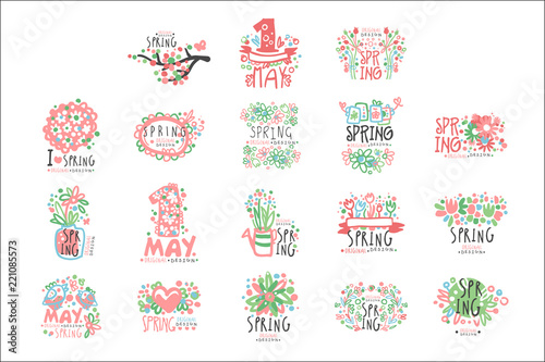 1 May set original design. Spring holidays, First May, International labor day colorful hand drawn vector Illustrations