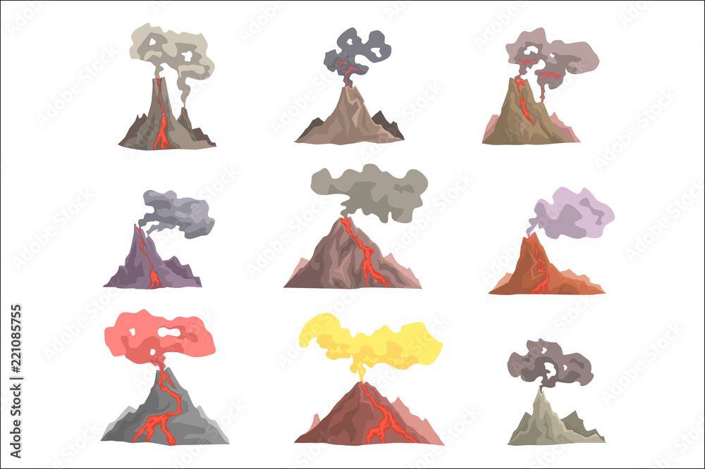 Volcano eruption set, volcanic magma blowing up, lava flowing down cartoon  vector Illustrations Stock Vector | Adobe Stock