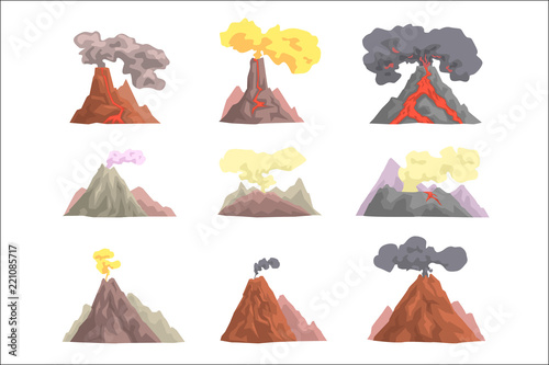 Volcano eruption set, volcanic magma blowing up, lava flowing down cartoon vector Illustrations