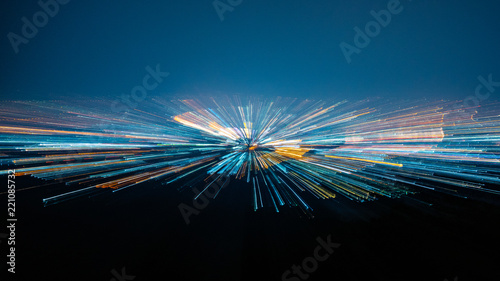 night shot from viewpoint. Concept for warp effect futuristic space tunnel and digital town