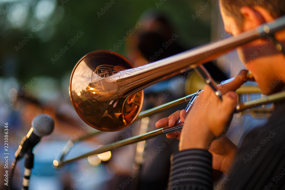 Obraz premium The trumpeter is playing on the trumpet. Concert activity in the open air.