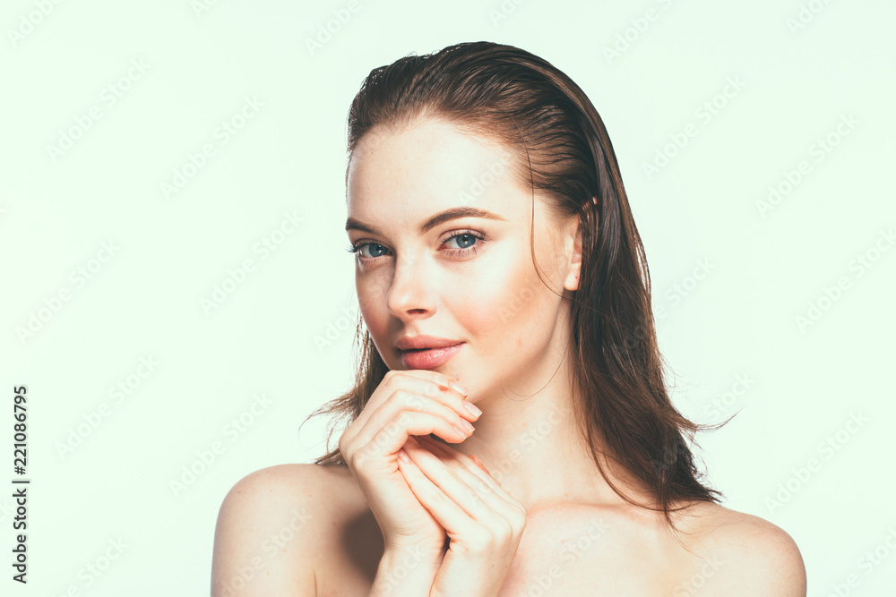 Beautfiful brunette woman with healthy skin isolated on white cosmetic concept Beautfiful brunette woman with healthy skin isolated on white cosmetic concept
