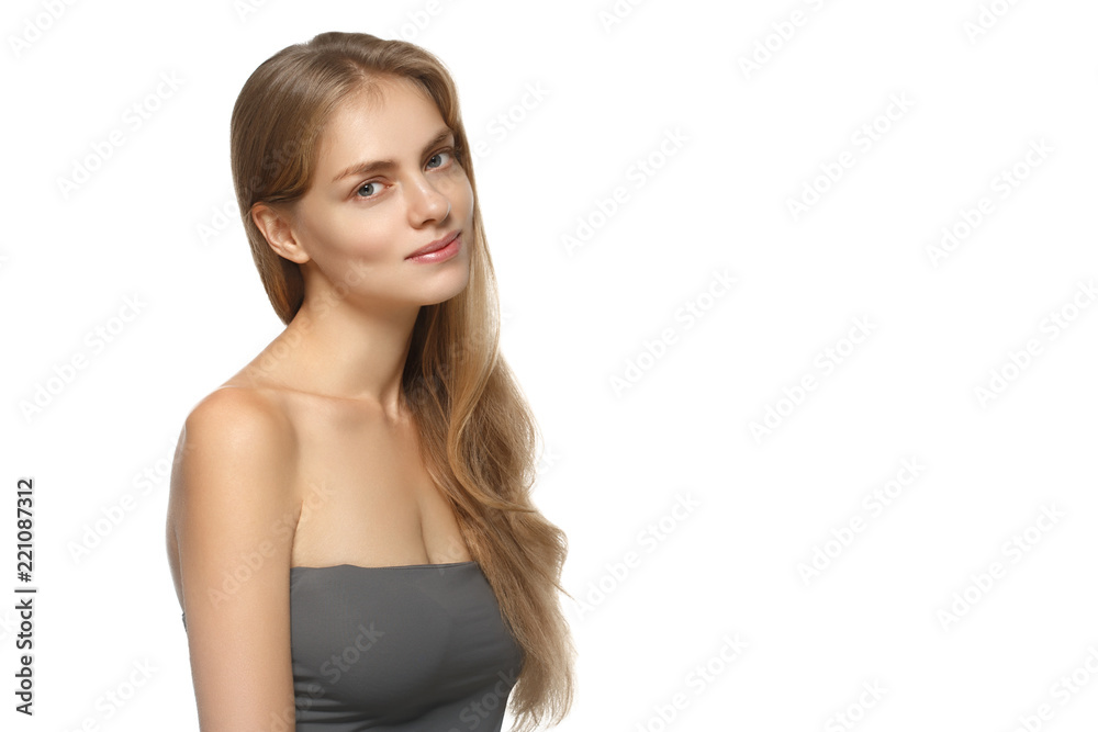 Clean skin woman with healthy blonde hair natural makeup isolated on white Clean skin woman with healthy blonde hair natural makeup isolated on white