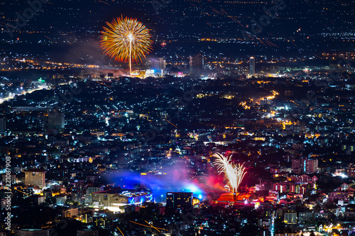 aerial view of night cityscape with beautiful fireworks. Concept for cerebrate for country anniversary.