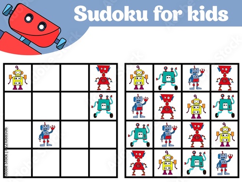 Sudoku game for children with pictures. Logic game for preschool children. Rebus for children. Educational game vector illustration Robot