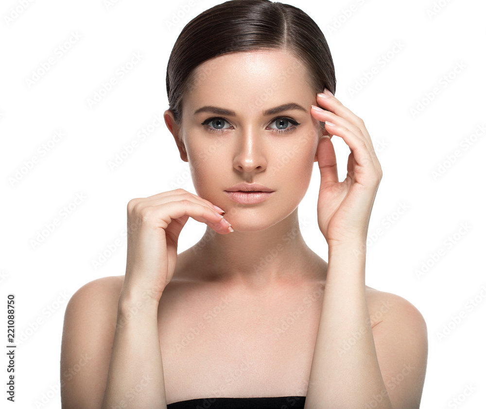 Beautiful woman face with healthy skin and beauty eyes lips brunette Beautiful woman face with healthy skin and beauty eyes lips brunette