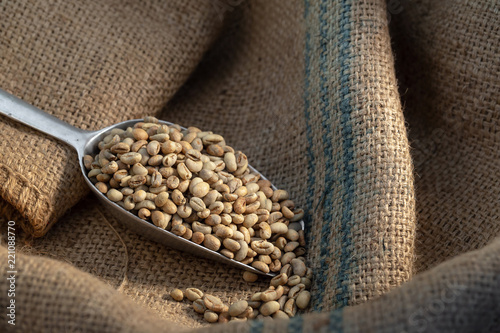 Green coffee bean raw in sack with scoop photo