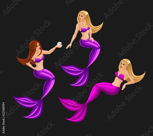 Isometry fairy characters on a dark background  beautiful mermaids  a bright set of characters set 4