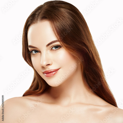 Beautiful woman face with healthy skin and beauty eyes lips brunette