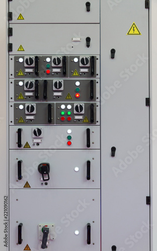 Electrical panel at factory. Controls and switches.