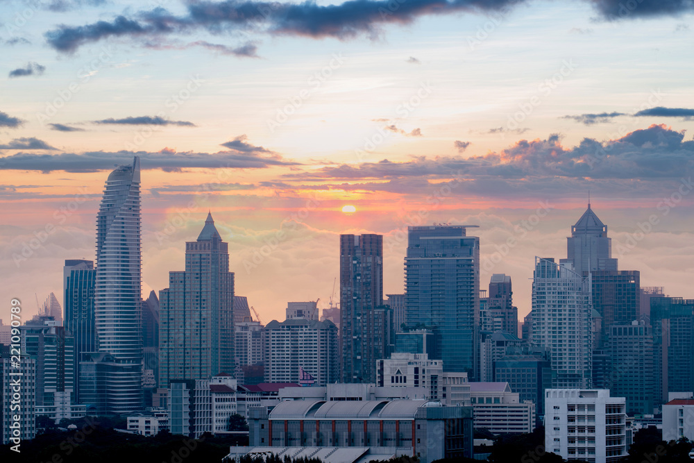 Bangkok business and travel landmark famous district urban skyline aerial view at dusk.
