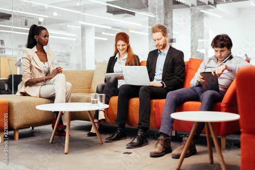 Business people conversation. Technology at hand